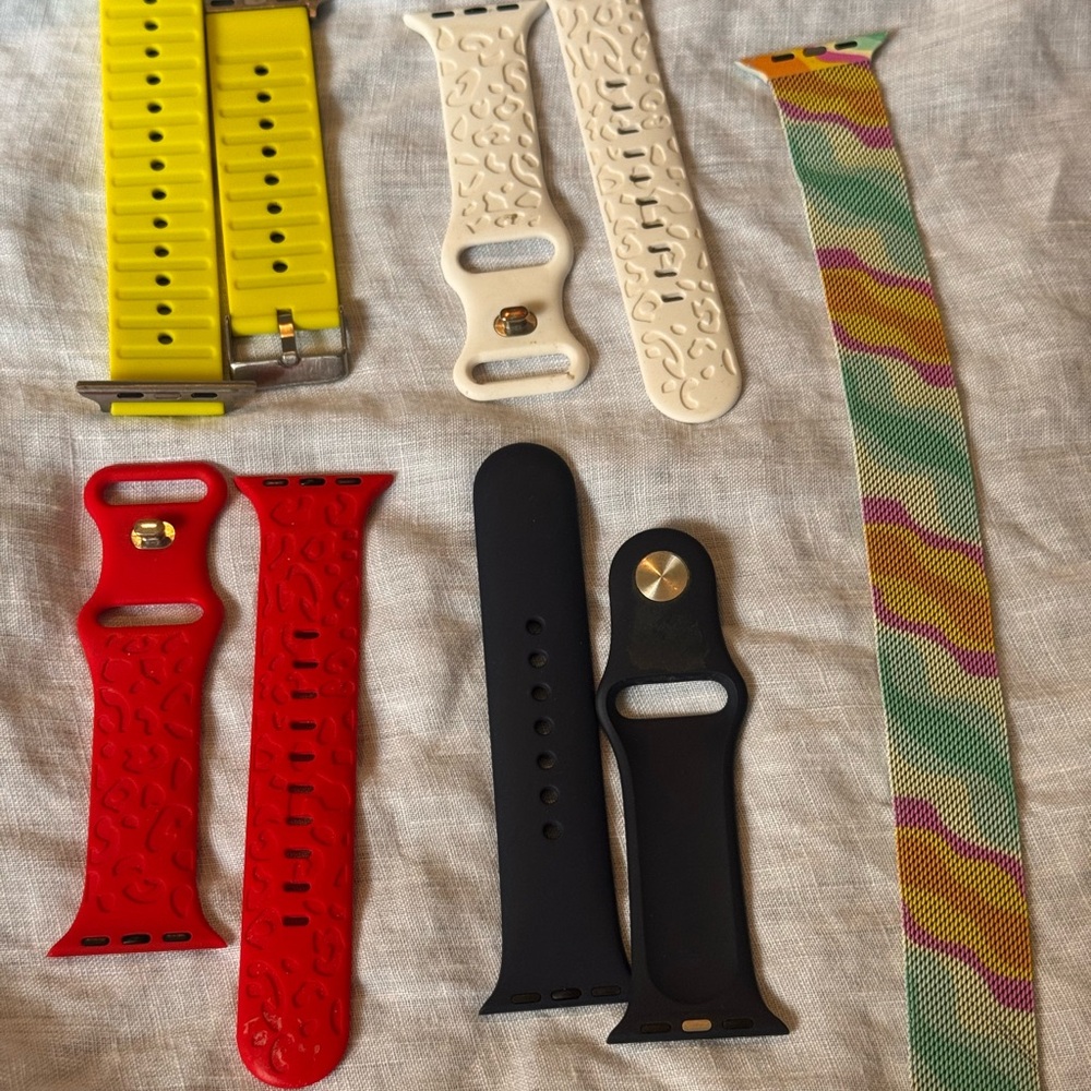 Apple Watch Bands in Yellow, Red, Black, Cream, and Multicolor
